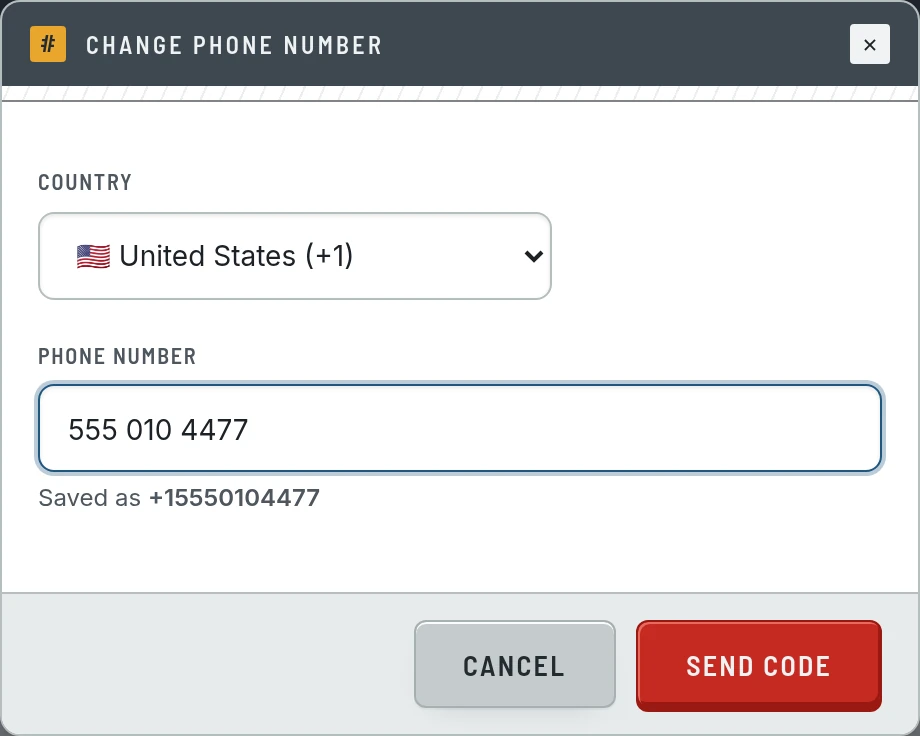 The add/change-phone dialog with a country selector and phone number field.